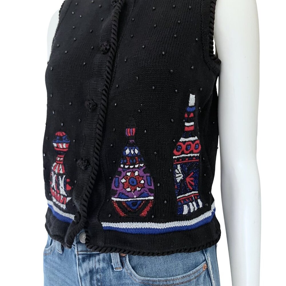 Vintage 90s Black Beaded Sweater Vest Christmas. Small. Cottagecore Embroidered - Picture 8 of 11
